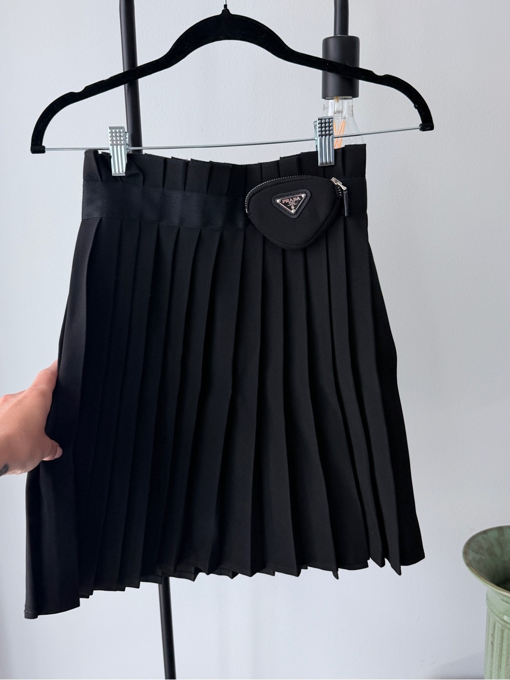 Prada Black Pleated Mini Skirt with Triangle Logo Pouch